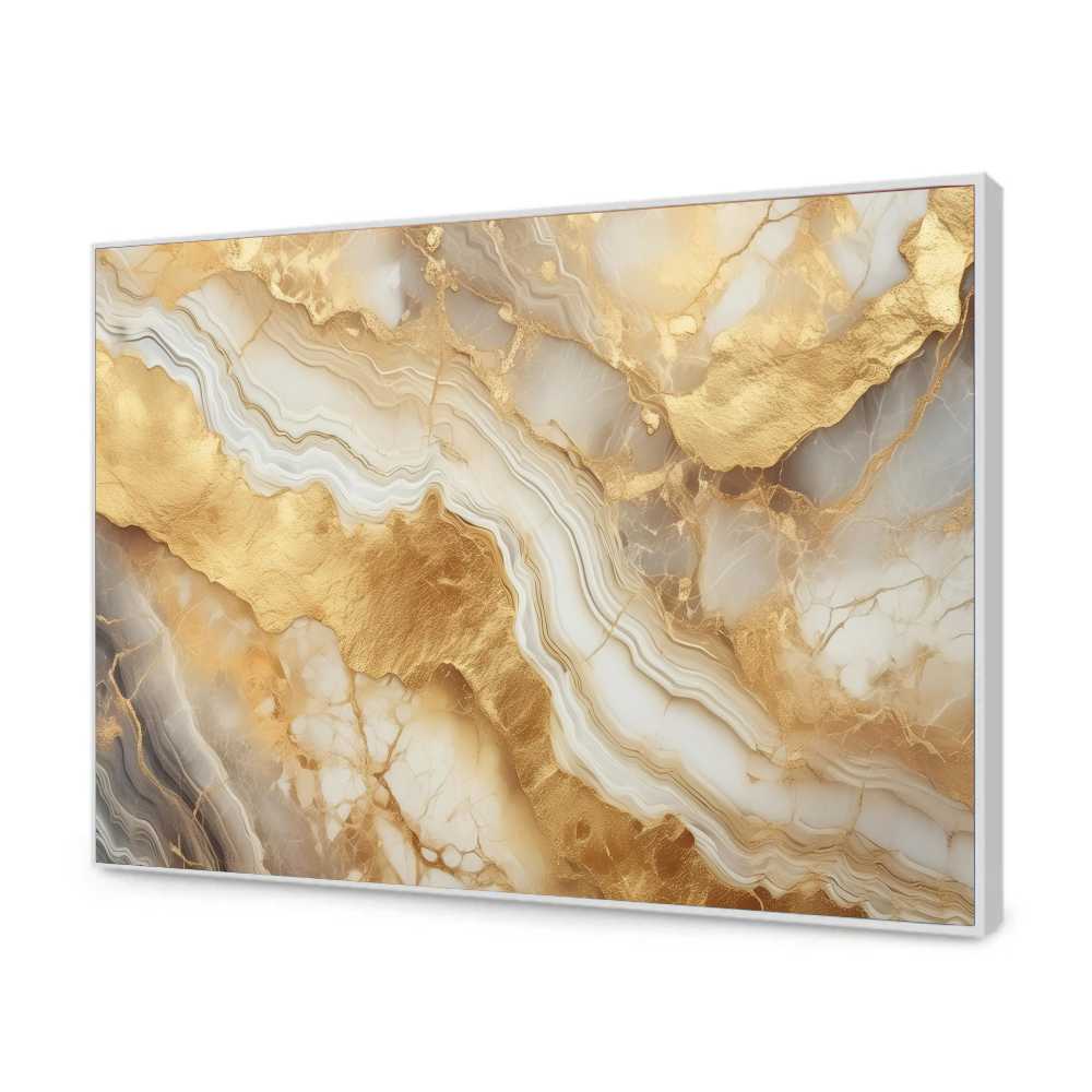 Quadro Decorativo Abstrato Branco e Ouro Liquido